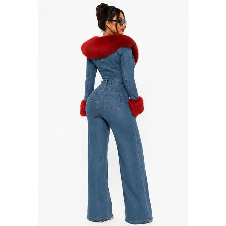 Combinaison en denim à col et poignets en fourrure