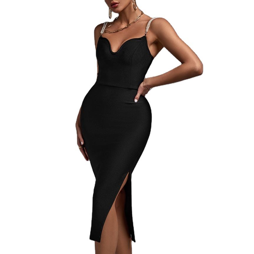 Robe de soirée midi élégante en noir, conçue pour les moments qui comptent.