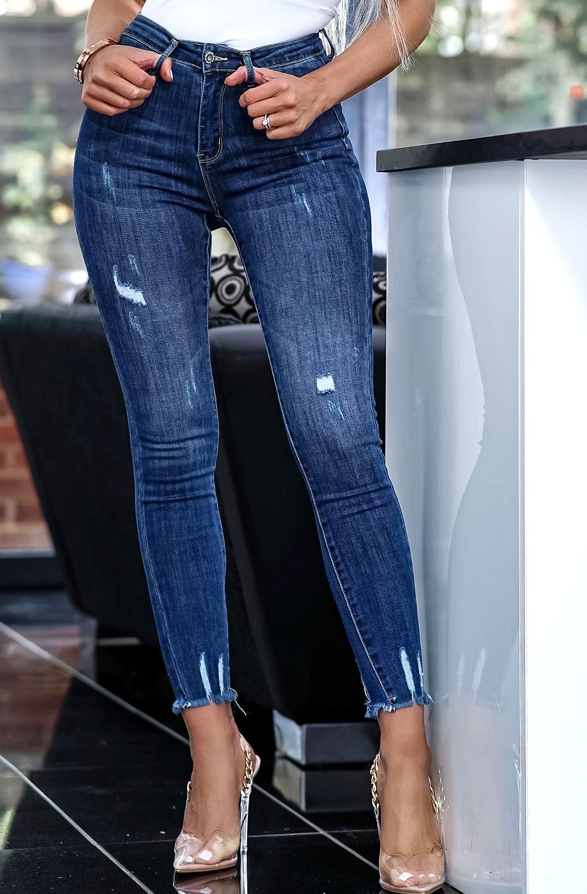 Jean skinny bleu déchiré taille haute pour femme, taille 8