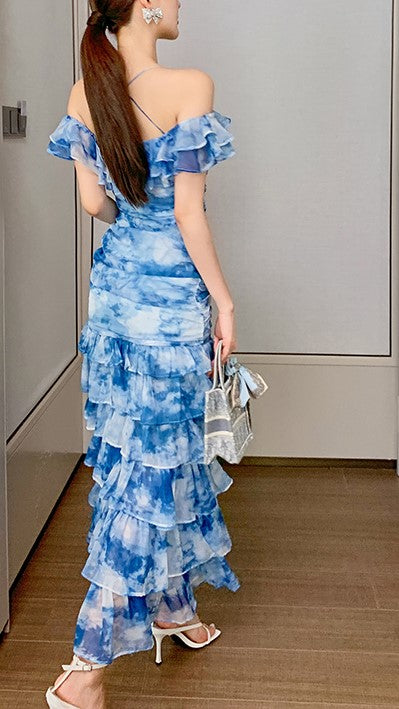 Robe longue moulante décontractée à bretelles et épaules dénudées, style tie-dye, col bateau