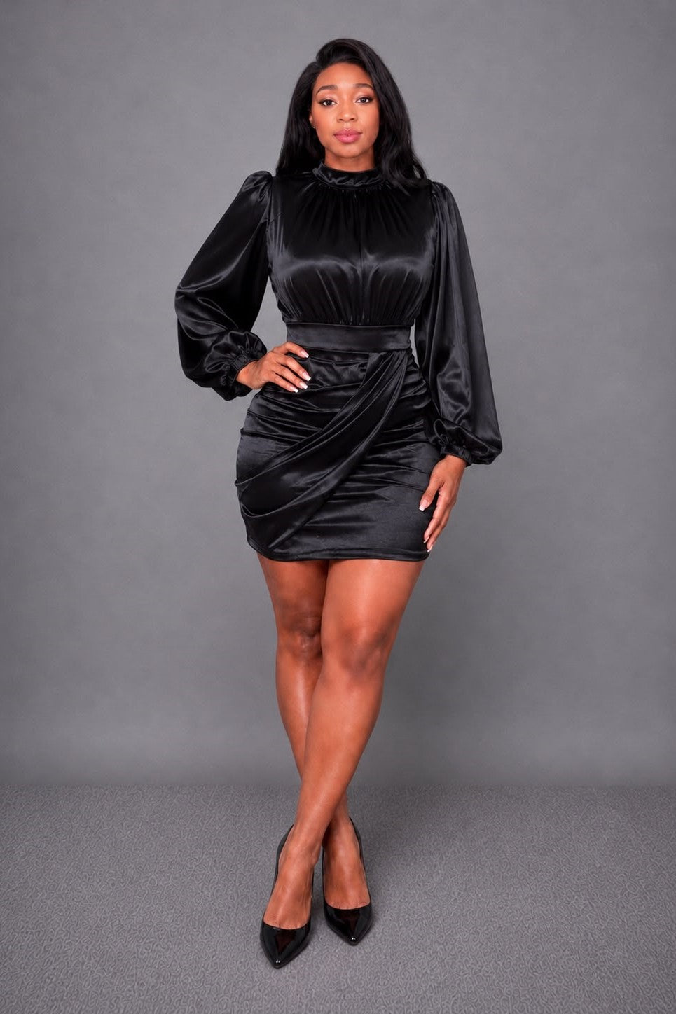 Robe corset élégante avec manches volumineuses longues Noir
