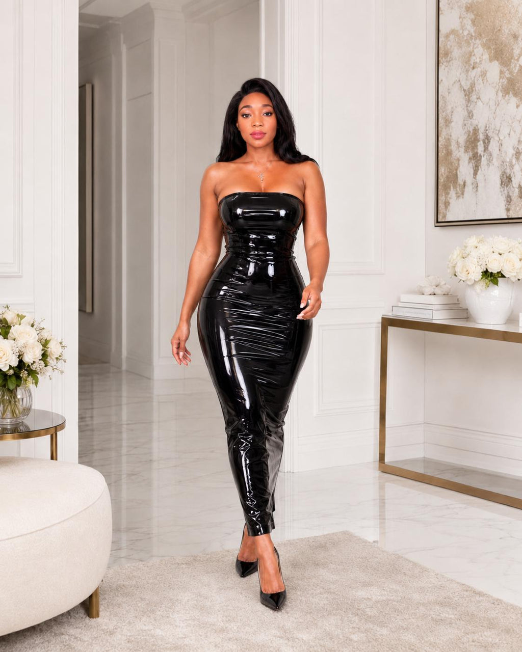Robe longue de soirée en vinyle rouge effet latex