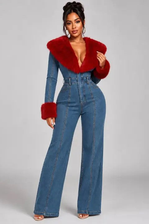Combinaison en denim à col et poignets en fourrure