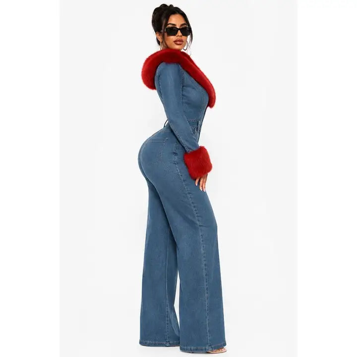Combinaison en denim à col et poignets en fourrure