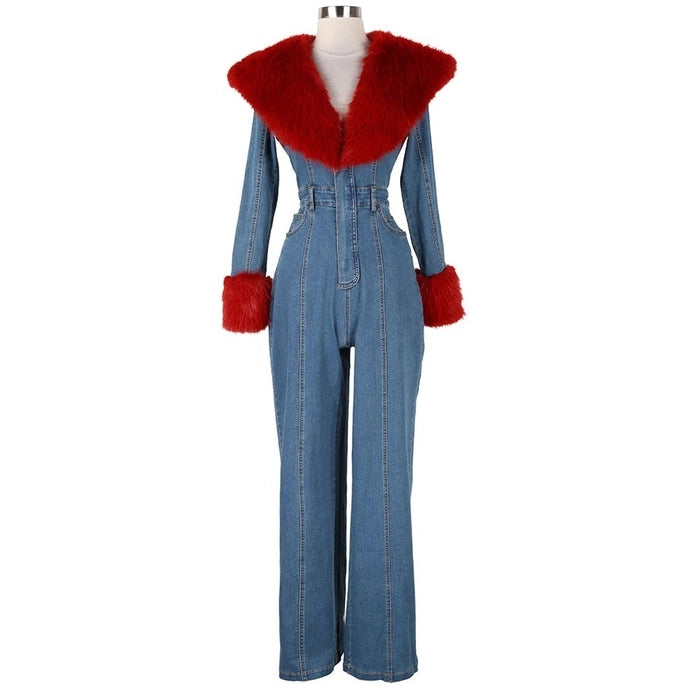 Combinaison en denim à col et poignets en fourrure