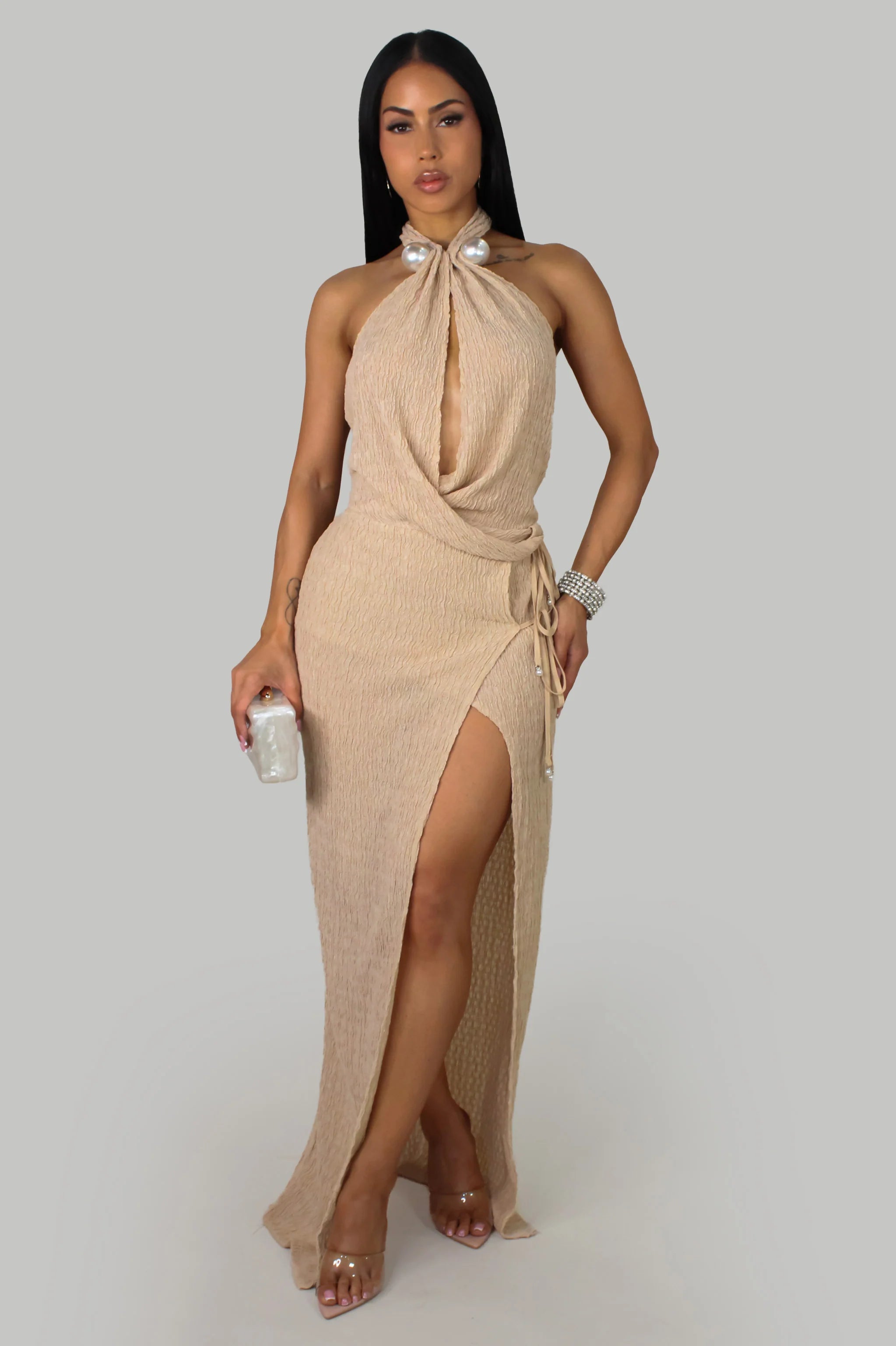 Robe longue élégante à perles - Beige