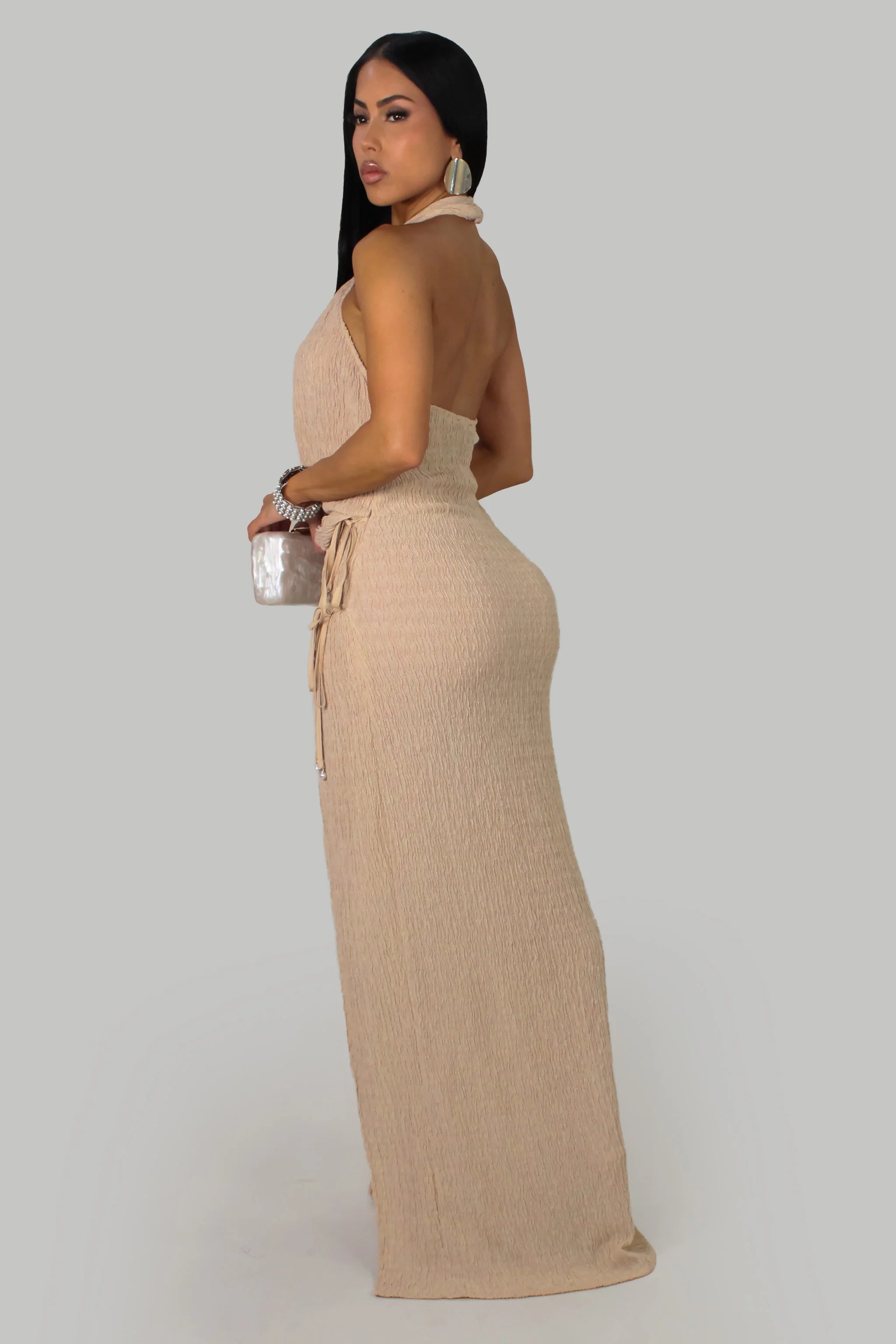 Robe longue élégante à perles - Beige