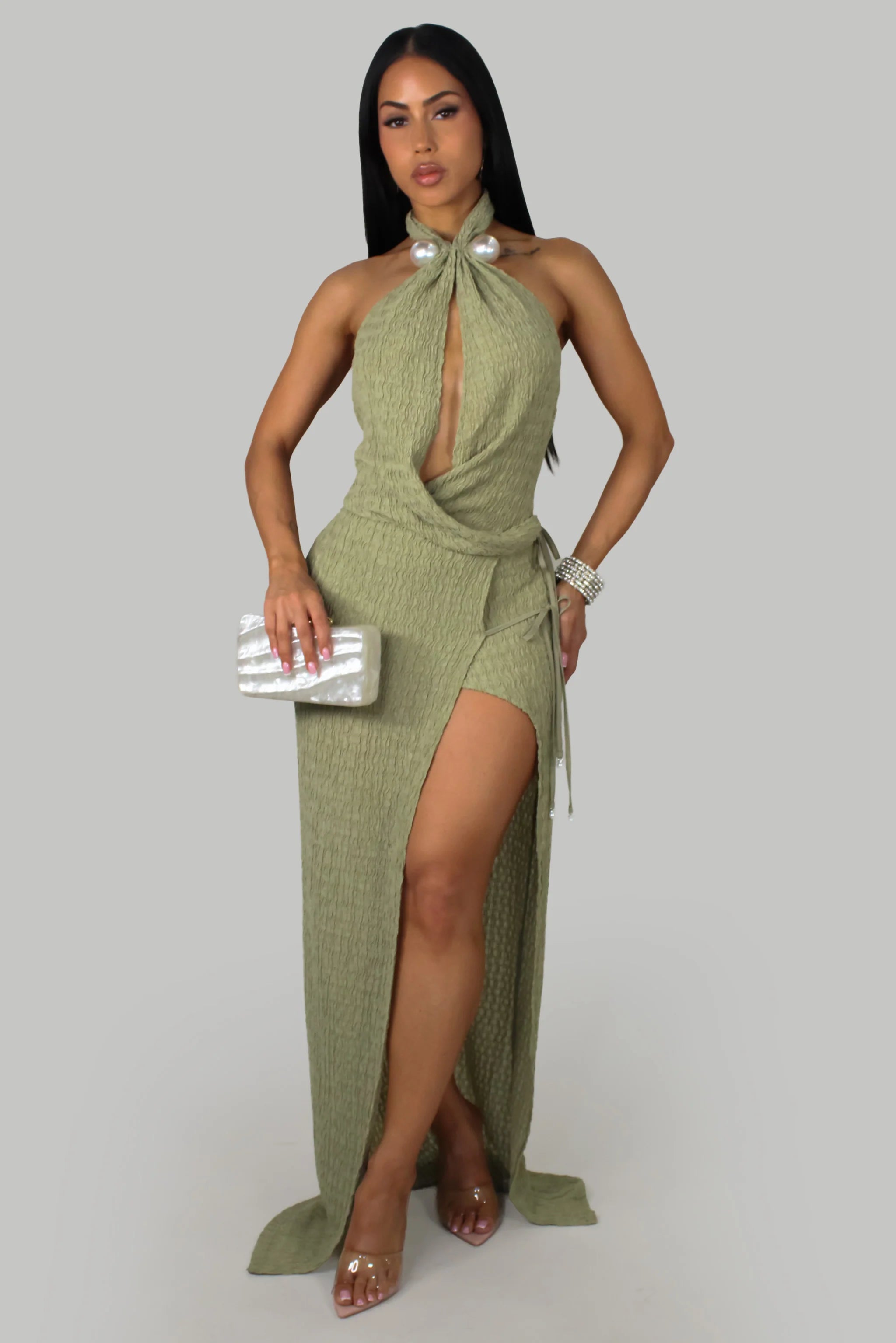 Robe longue élégante à perles - Beige