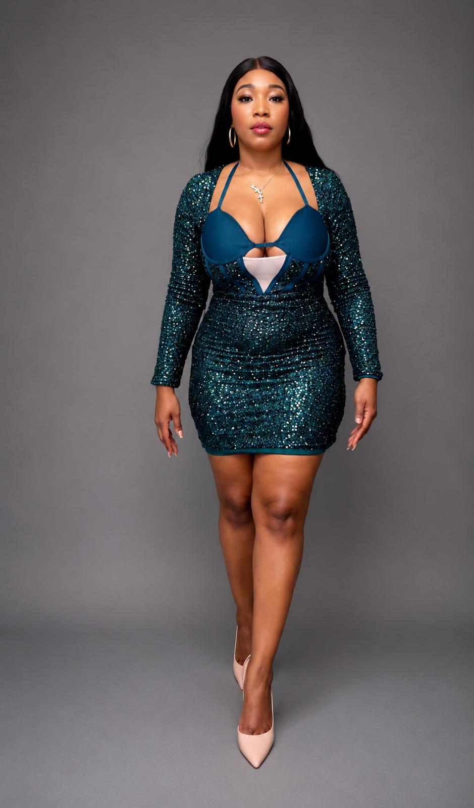 Robe Corset Pailletée Bustier Vert Émeraude