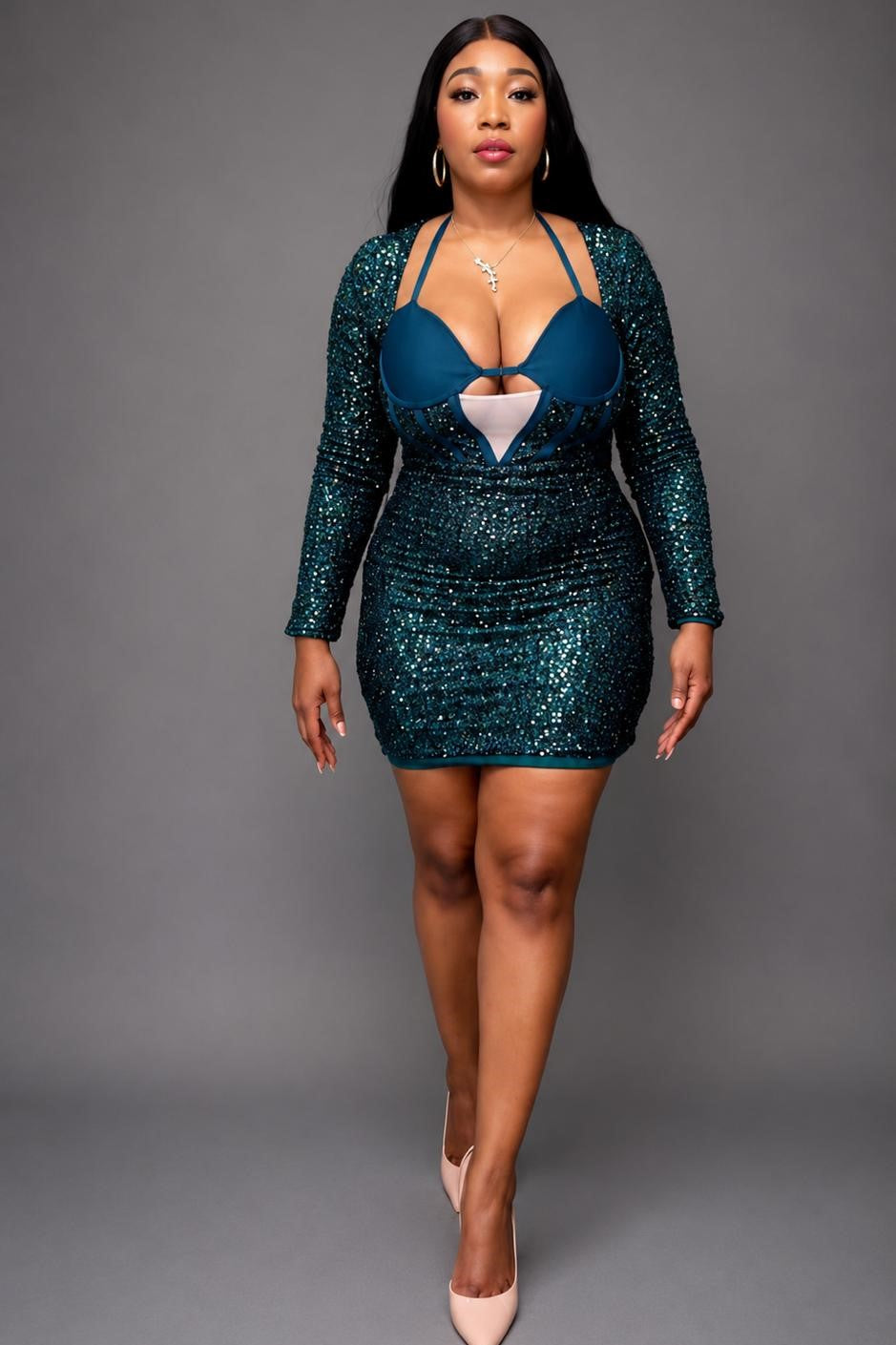 Robe Corset Pailletée Bustier Vert Émeraude