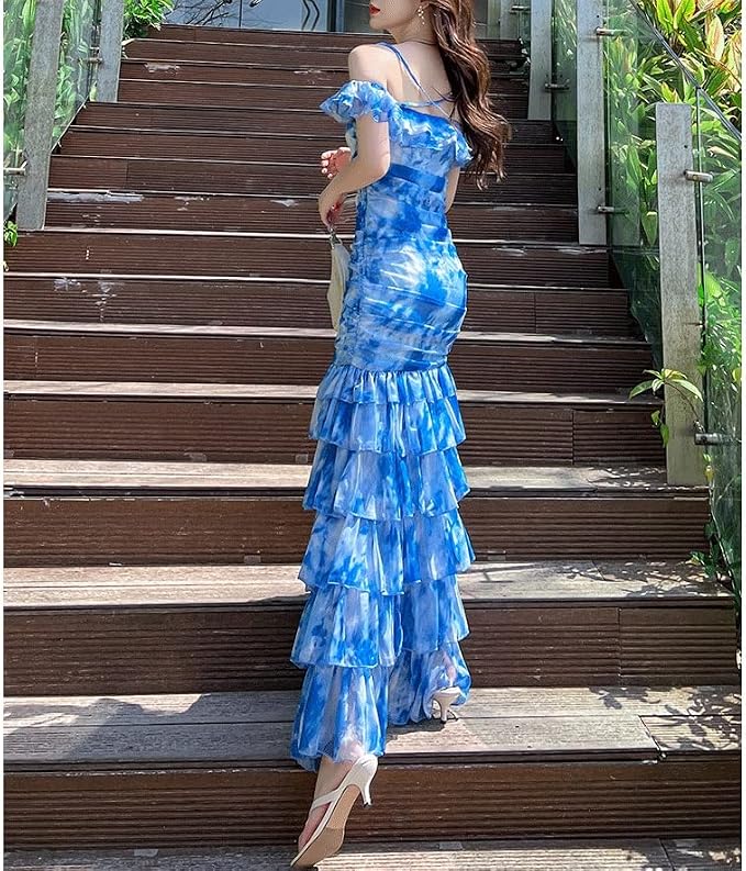 Robe longue moulante décontractée à bretelles et épaules dénudées, style tie-dye, col bateau