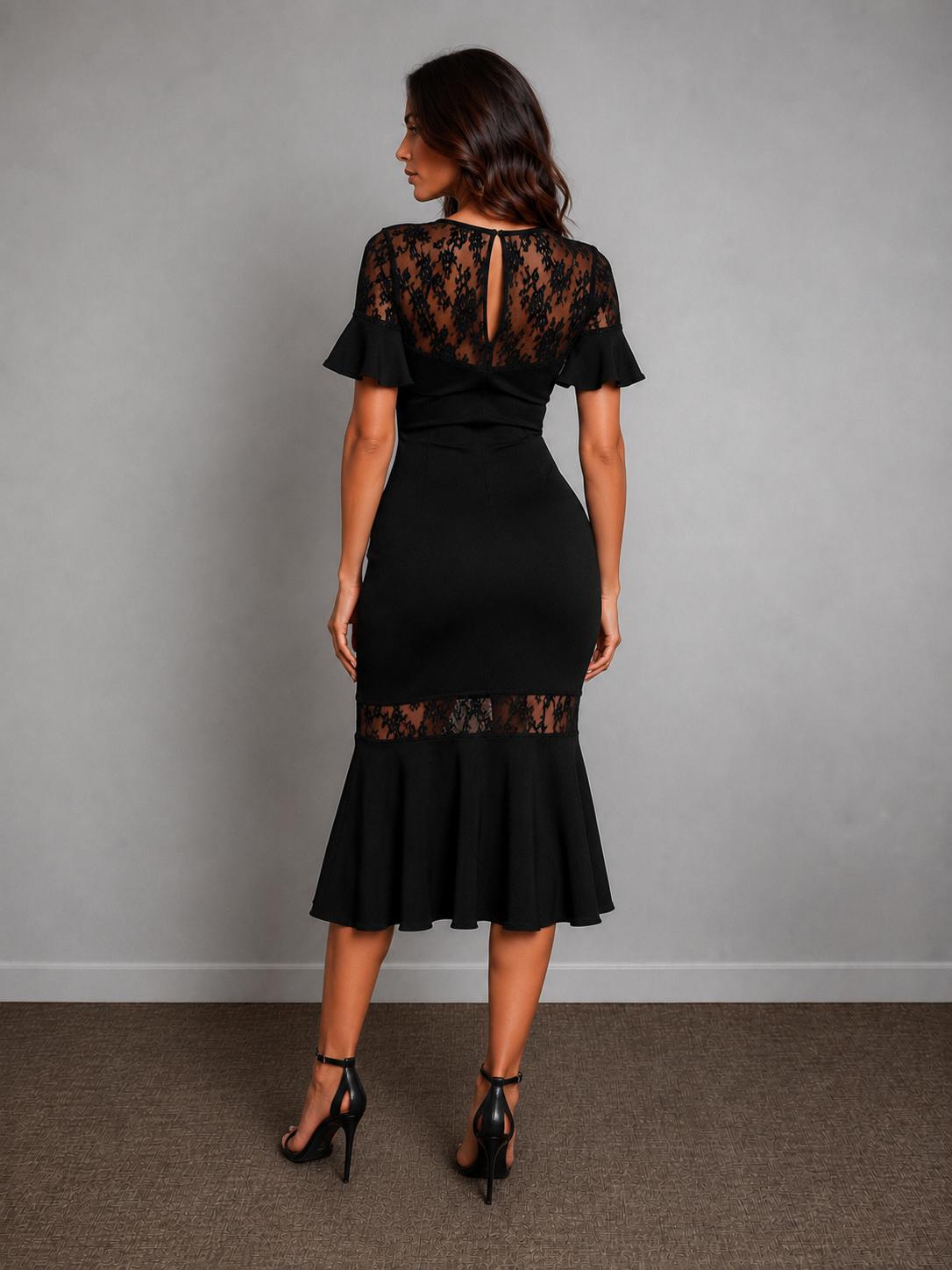 Robe sirène en dentelle transparente unie, manches évasées, longueur genou [Disponible en 3 tailles