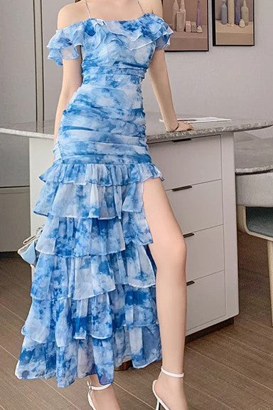 Robe longue moulante décontractée à bretelles et épaules dénudées, style tie-dye, col bateau