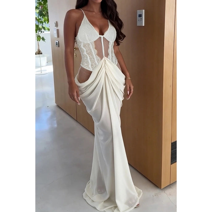 Robe maxi drapée à corset en dentelle