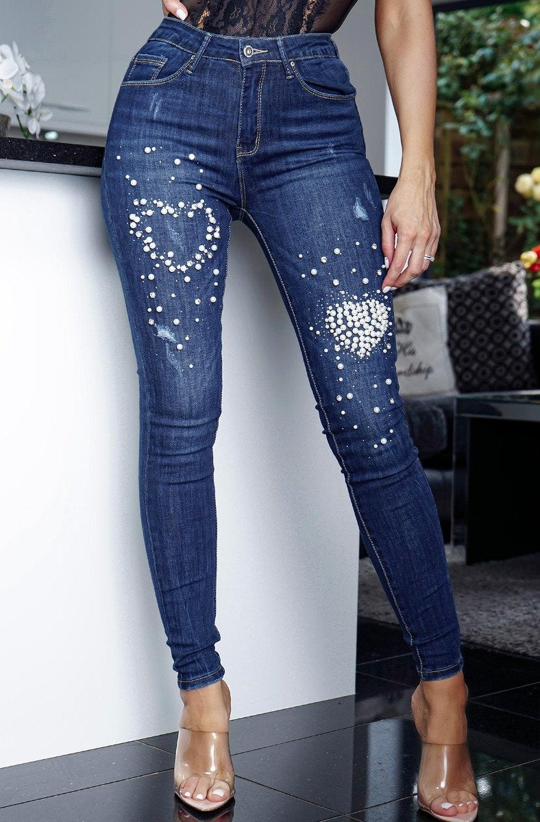 Jean skinny orné de perles pour femme – Pantalon en denim stretch