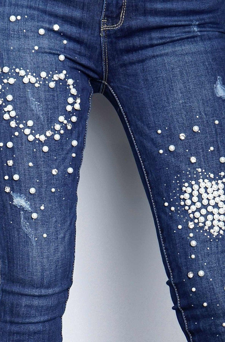 Jean skinny orné de perles pour femme – Pantalon en denim stretch