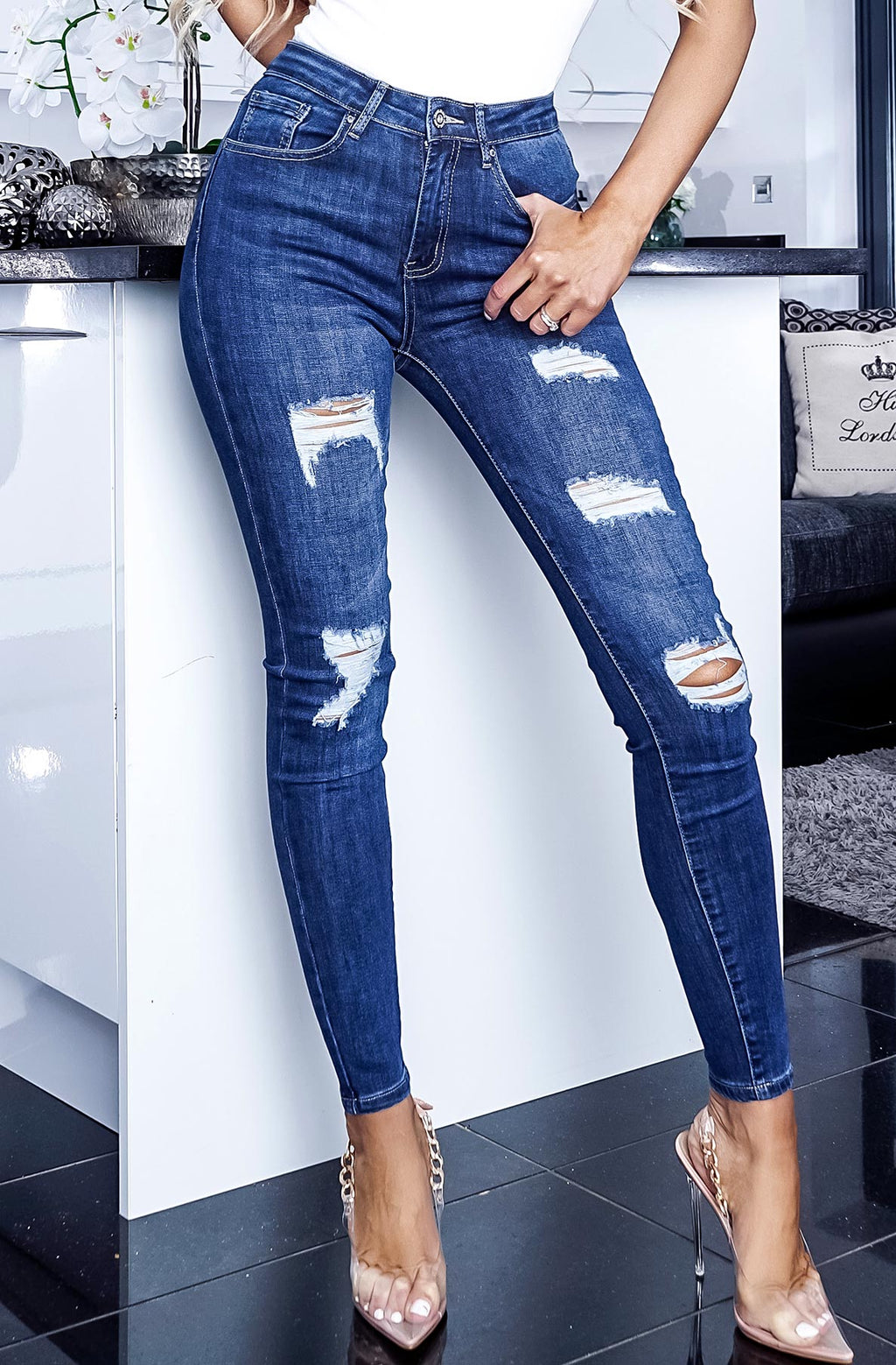 Jean en denim ultra-ajusté taille haute avec déchirures